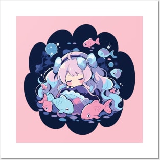 Adorable Anime Chibi Pisces Zodiac Sleeping Little Astro Girl Posters and Art